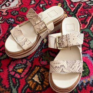 Dolce Vita Cream Snake-Print Platform Mules with Gold Buckles